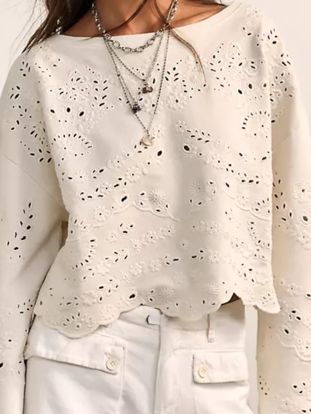 Free People Cream Eyelet Scalloped Hem Long Sleeve Top